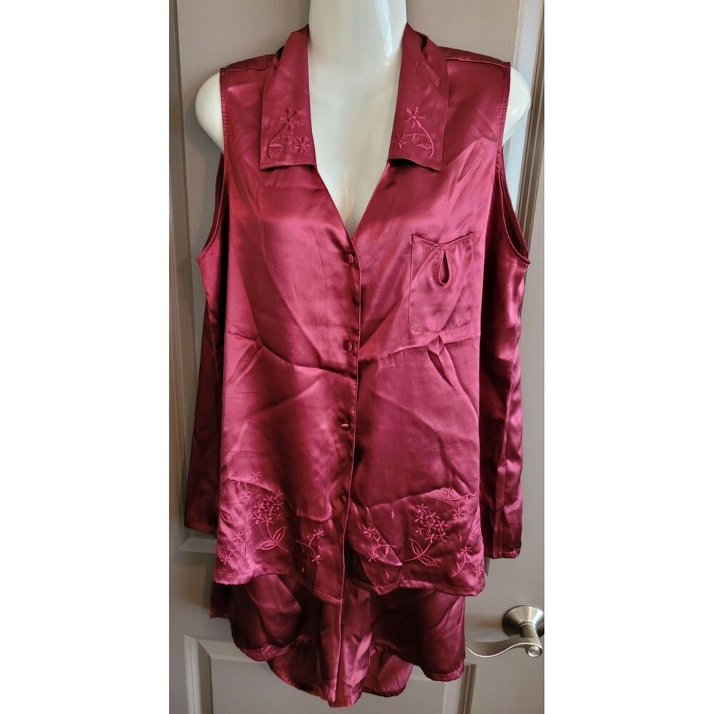 Inner Most Pajamas Satin Burgundy Embroidery Top Bottom Vintage Women's L